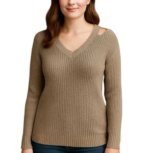 Lida Small/Medium Beige Ribbed Vneck Sweater Shoulder Cut Out Neutral Oversized